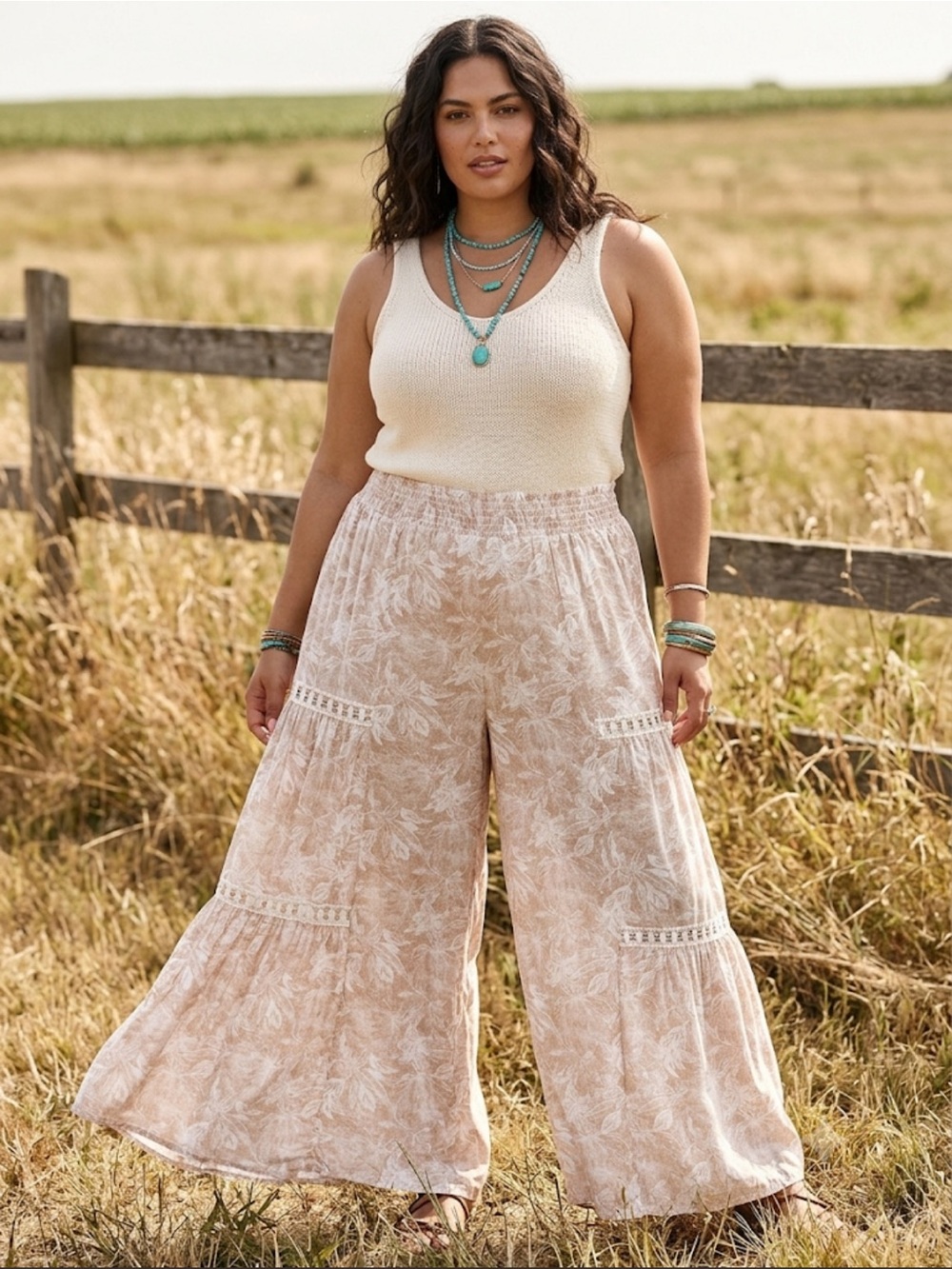 New Love Neutral Print Boho Wide Leg Pants Plus Size 2X